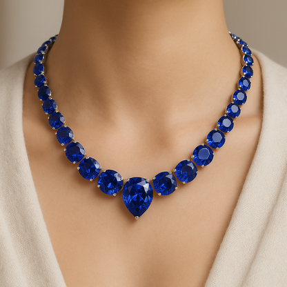 Royal Blue Lab Grown Sapphire Necklace – 60.00 CT Statement Jewelry in White Gold & Silver – Luxury Tennis Necklace USA