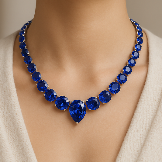 Royal Blue Lab Grown Sapphire Necklace – 60.00 CT Statement Jewelry in White Gold & Silver – Luxury Tennis Necklace USA