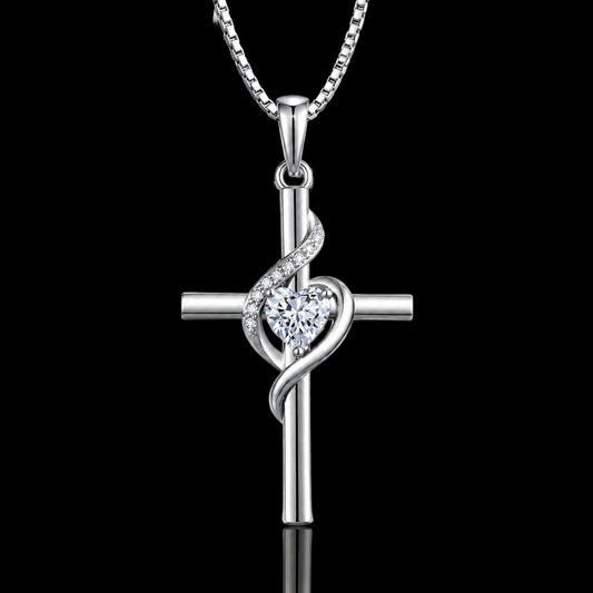 1.00 Ct Memorial Gift for Her Heart Cut Cross Pendant with Pavé Vine in 14K White Gold Black Jack