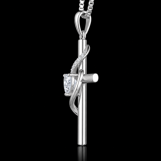 1.00 Ct Memorial Gift for Her Heart Cut Cross Pendant with Pavé Vine in 14K White Gold Black Jack