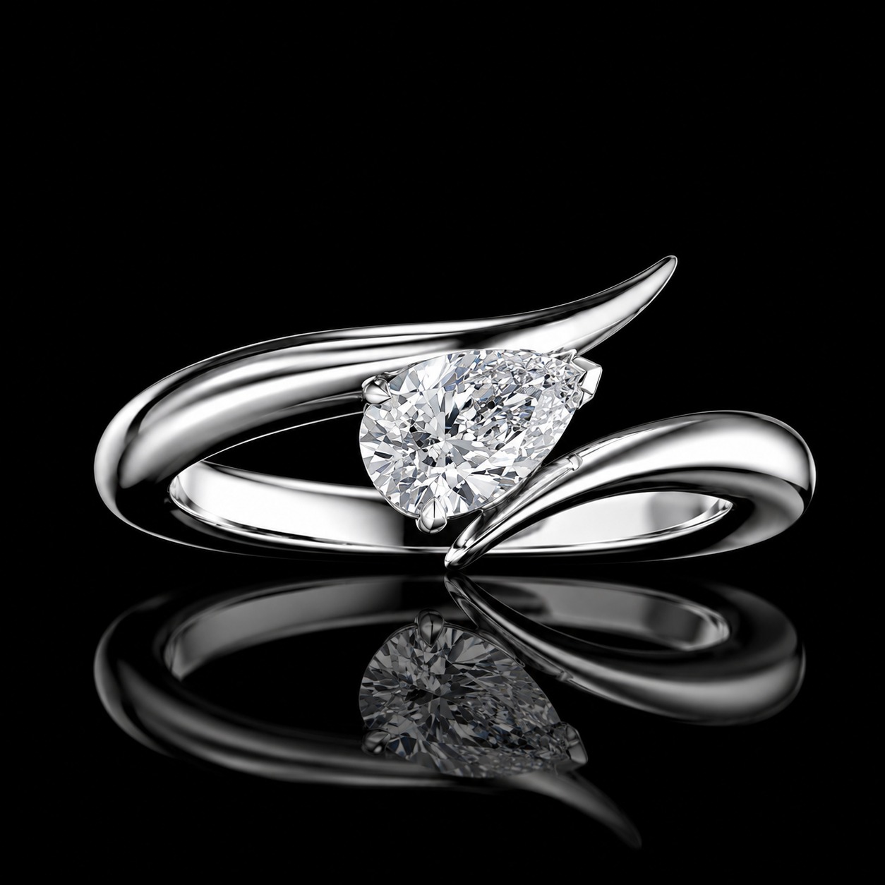 2.00 Ct Sympathy Gift Pear Cut Sculptural Bypass Ring in 14K White Gold Black Jack