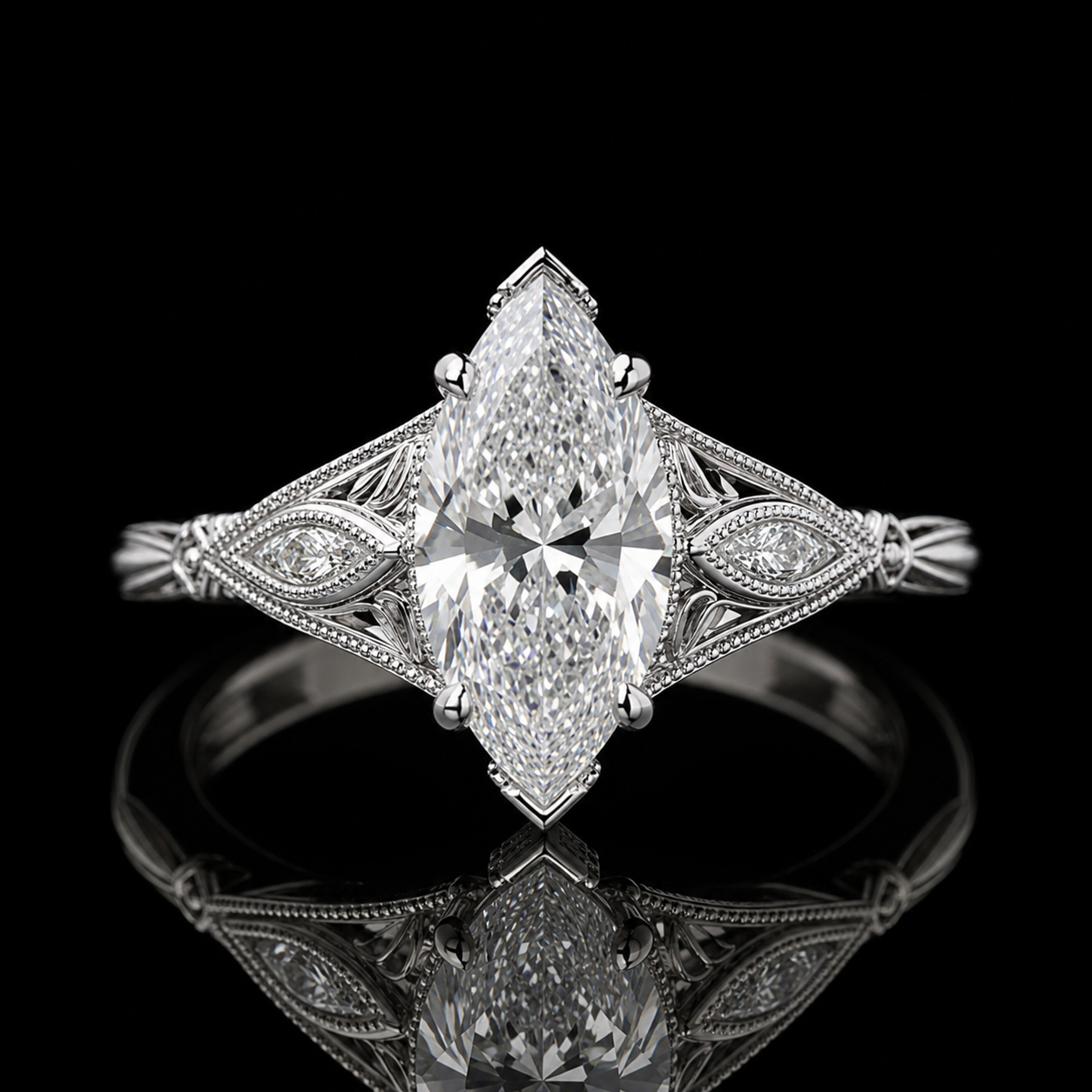 3.00 Ct Cremation Jewelry Marquise Cut Vintage Filigree Side Stone Ring in 14K White Gold Black Jack