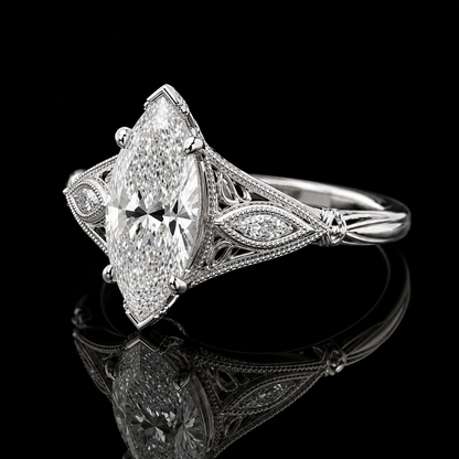 3.00 Ct Cremation Jewelry Marquise Cut Vintage Filigree Side Stone Ring in 14K White Gold Black Jack