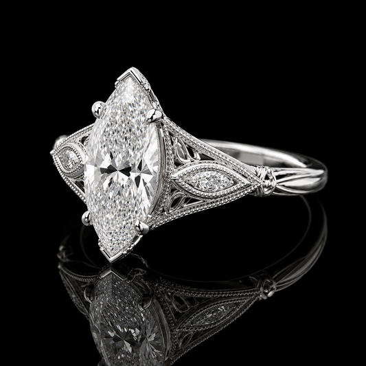 3.00 Ct Cremation Jewelry Marquise Cut Vintage Filigree Side Stone Ring in 14K White Gold Black Jack