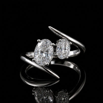 3.00 Ct Memorial Gift for Her Two Oval Diamond Bypass Ring in 14K White Gold Black Jack