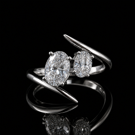 3.00 Ct Memorial Gift for Her Two Oval Diamond Bypass Ring in 14K White Gold Black Jack