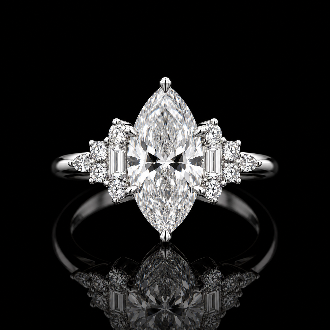 4.00 Ct Tribute Jewelry Marquise Cut Emerald and Round Diamond Cluster Ring in 14K White Gold Black Jack