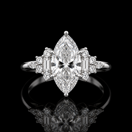 4.00 Ct Tribute Jewelry Marquise Cut Emerald and Round Diamond Cluster Ring in 14K White Gold Black Jack