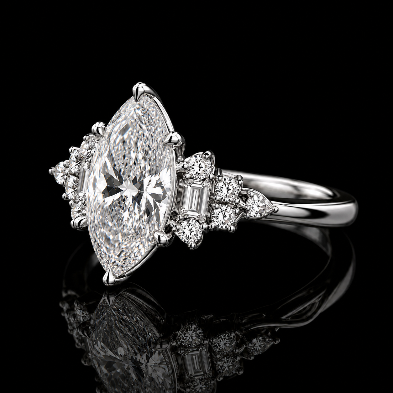 4.00 Ct Tribute Jewelry Marquise Cut Emerald and Round Diamond Cluster Ring in 14K White Gold Black Jack