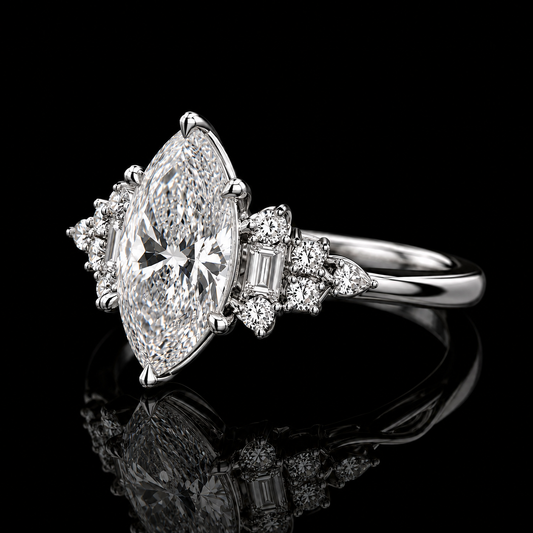4.00 Ct Tribute Jewelry Marquise Cut Emerald and Round Diamond Cluster Ring in 14K White Gold Black Jack