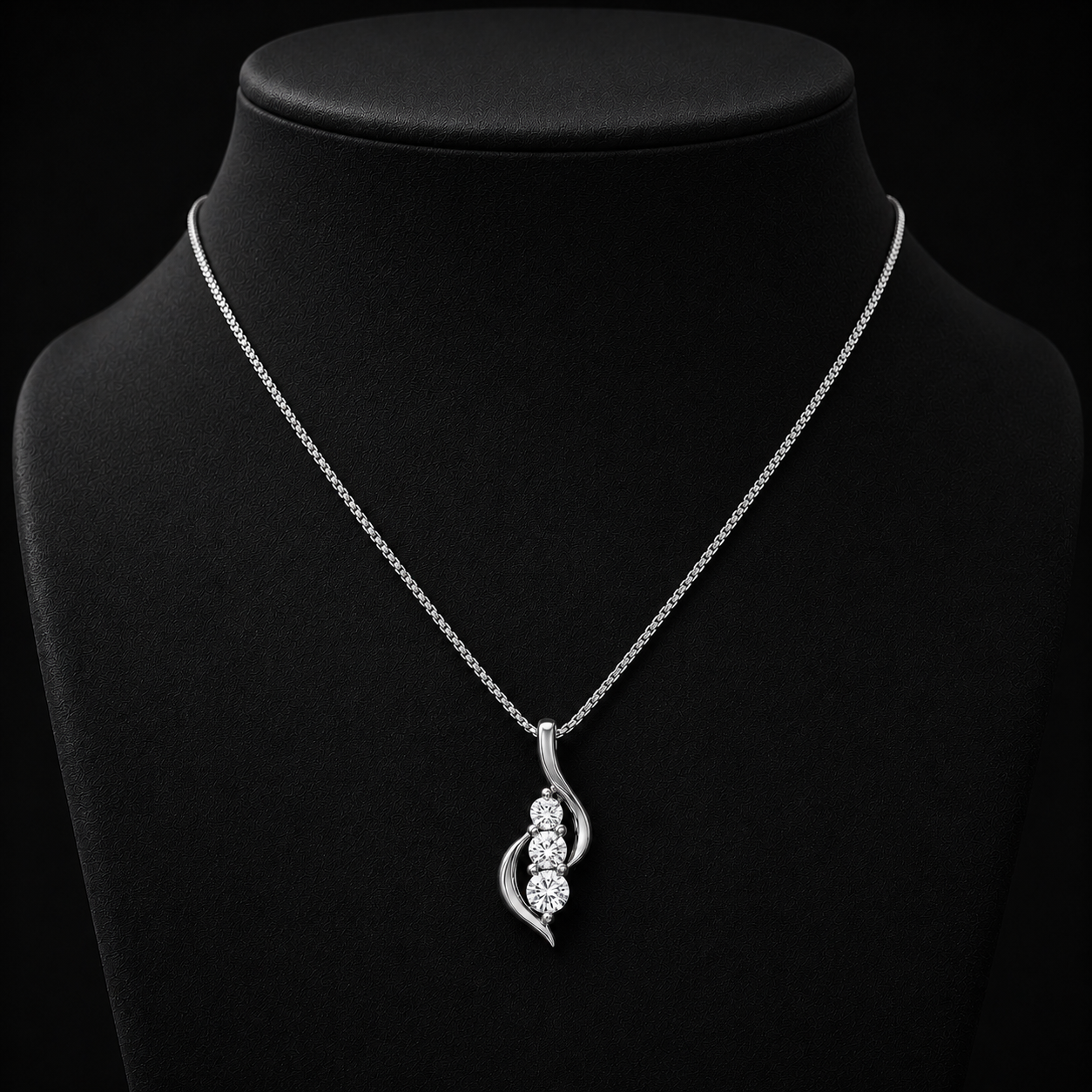 1.00 Ct Memory Diamond Three Equal Round Stone Swirl Pendant in 14K White Gold Black Jack