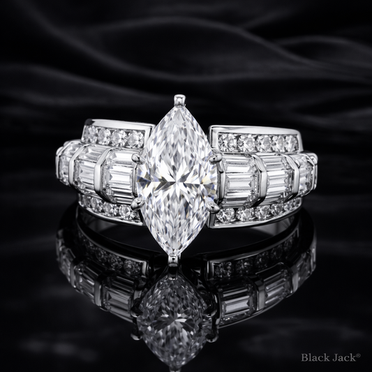 2.90 Carat Lab-Grown Diamond Marquise Cut Multi-Row Baguette Engagement Ring in 14K White Gold