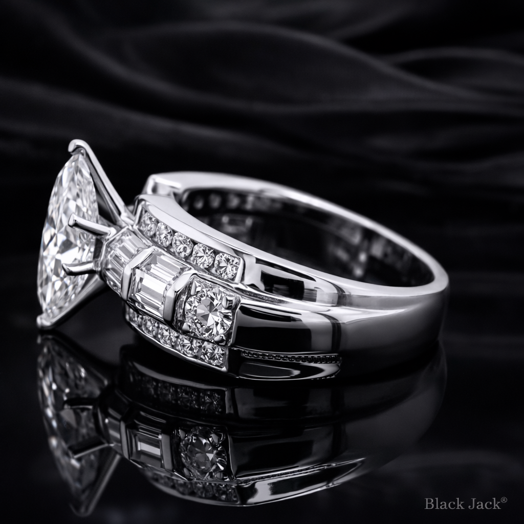 2.90 Carat Lab-Grown Diamond Marquise Cut Multi-Row Baguette Engagement Ring in 14K White Gold