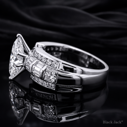 2.90 Carat Lab-Grown Diamond Marquise Cut Multi-Row Baguette Engagement Ring in 14K White Gold