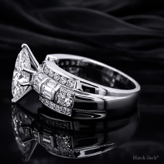 2.90 Carat Lab-Grown Diamond Marquise Cut Multi-Row Baguette Engagement Ring in 14K White Gold