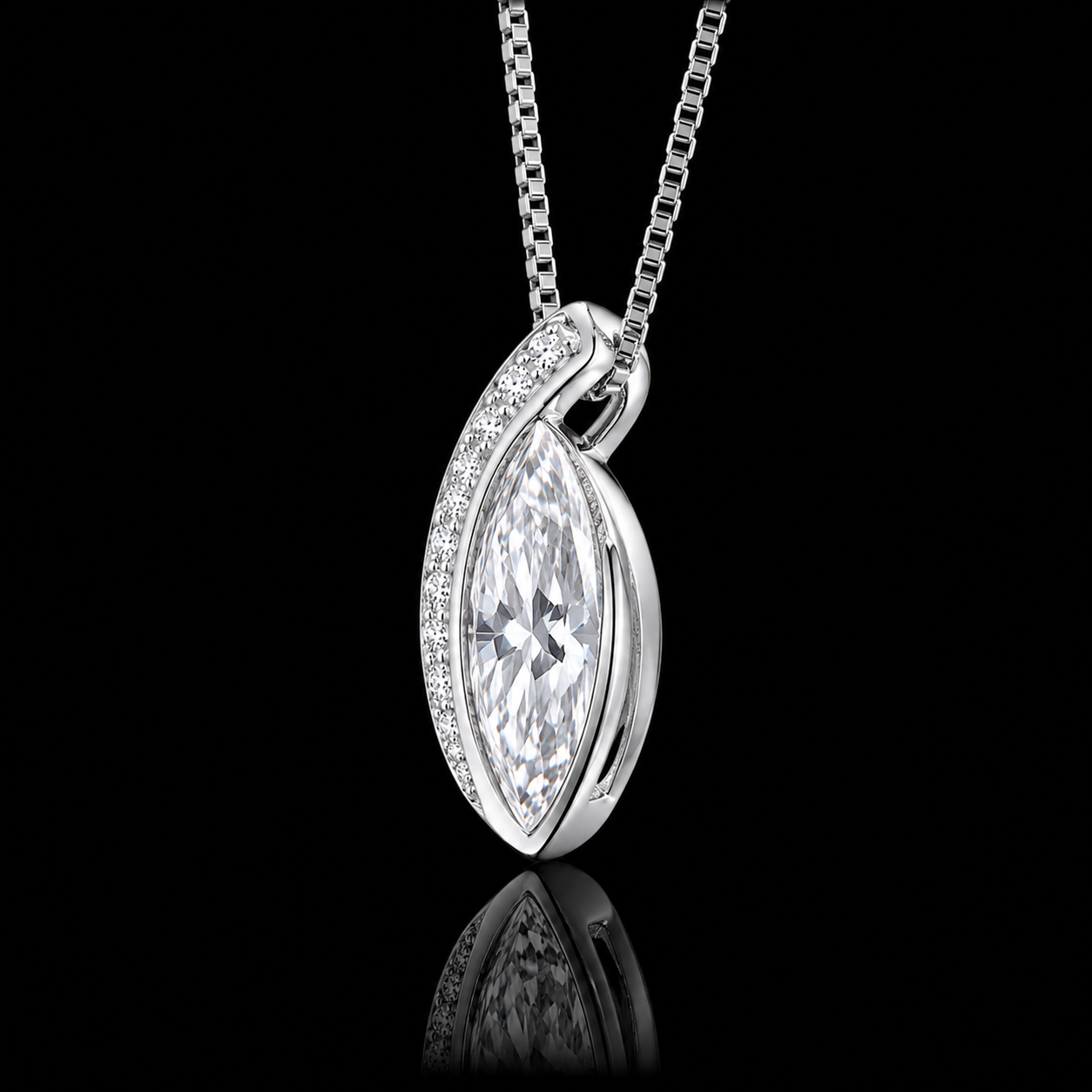 3.00 Ct Memorial Pendant Marquise Cut Curved Pavé Frame in 14K White Gold Black Jack