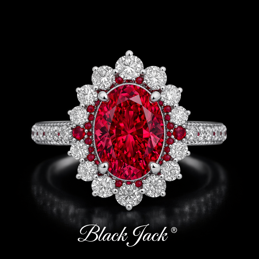 1.55 Carat Oval Cut Ruby & Moissanite Double Halo Floral Engagement Ring in 925 Sterling Silver