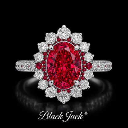 1.55 Carat Oval Cut Ruby & Moissanite Double Halo Floral Engagement Ring in 925 Sterling Silver