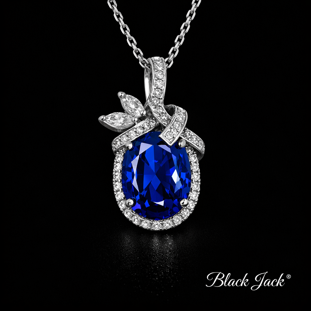 2.50 Carat Oval Cut Royal Blue Lab-Grown Sapphire Designer Halo Pendant in 925 Sterling Silver