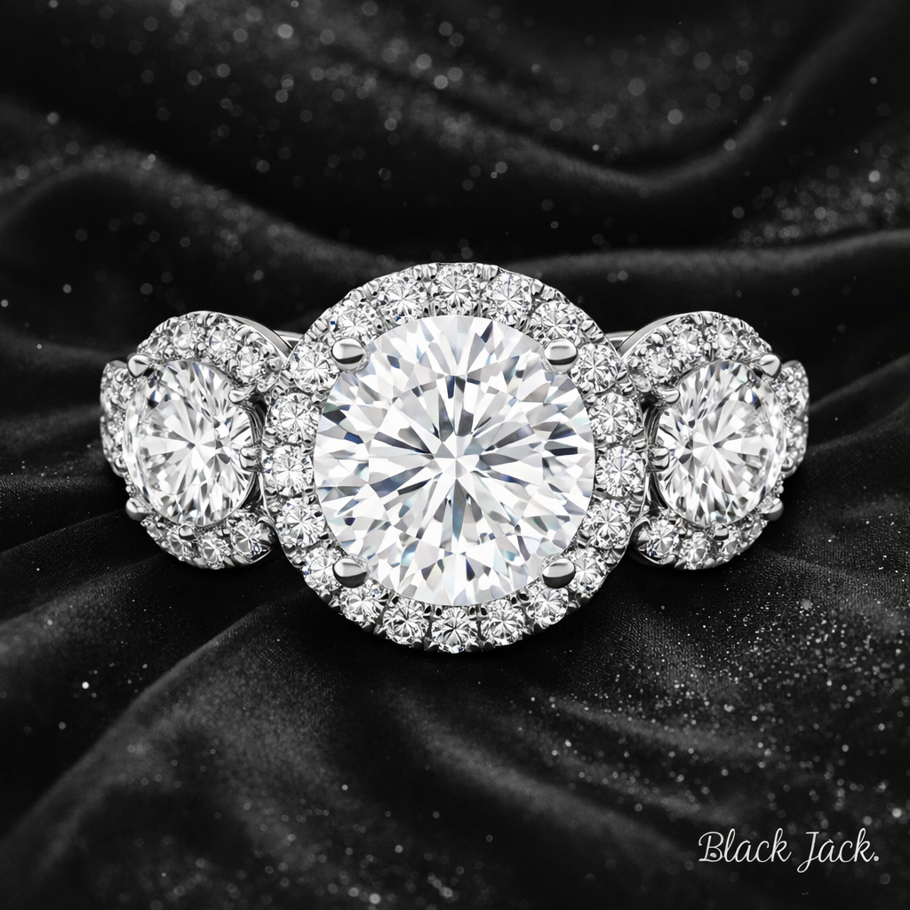 8.20 Carat Lab-Grown Diamond Three Stone Halo Engagement Ring Round Cut in 14K White Gold