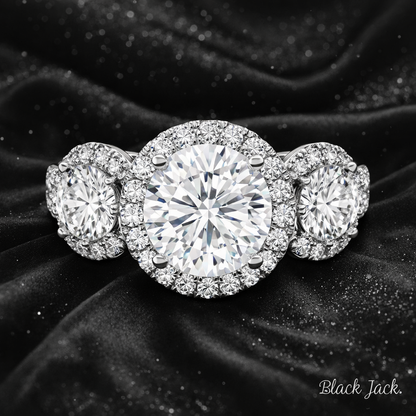 8.20 Carat Lab-Grown Diamond Three Stone Halo Engagement Ring Round Cut in 14K White Gold