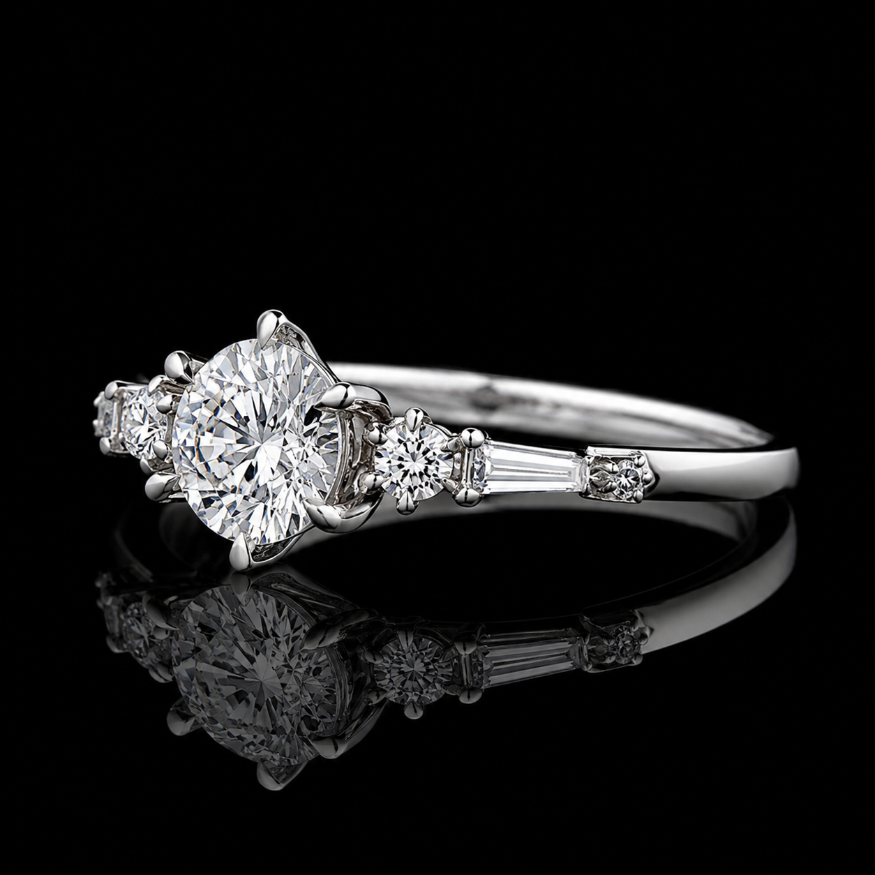 2.00 Ct Forever Remembered Round Cut Tapered Baguette Side Stone Ring in 14K White Gold Black Jack