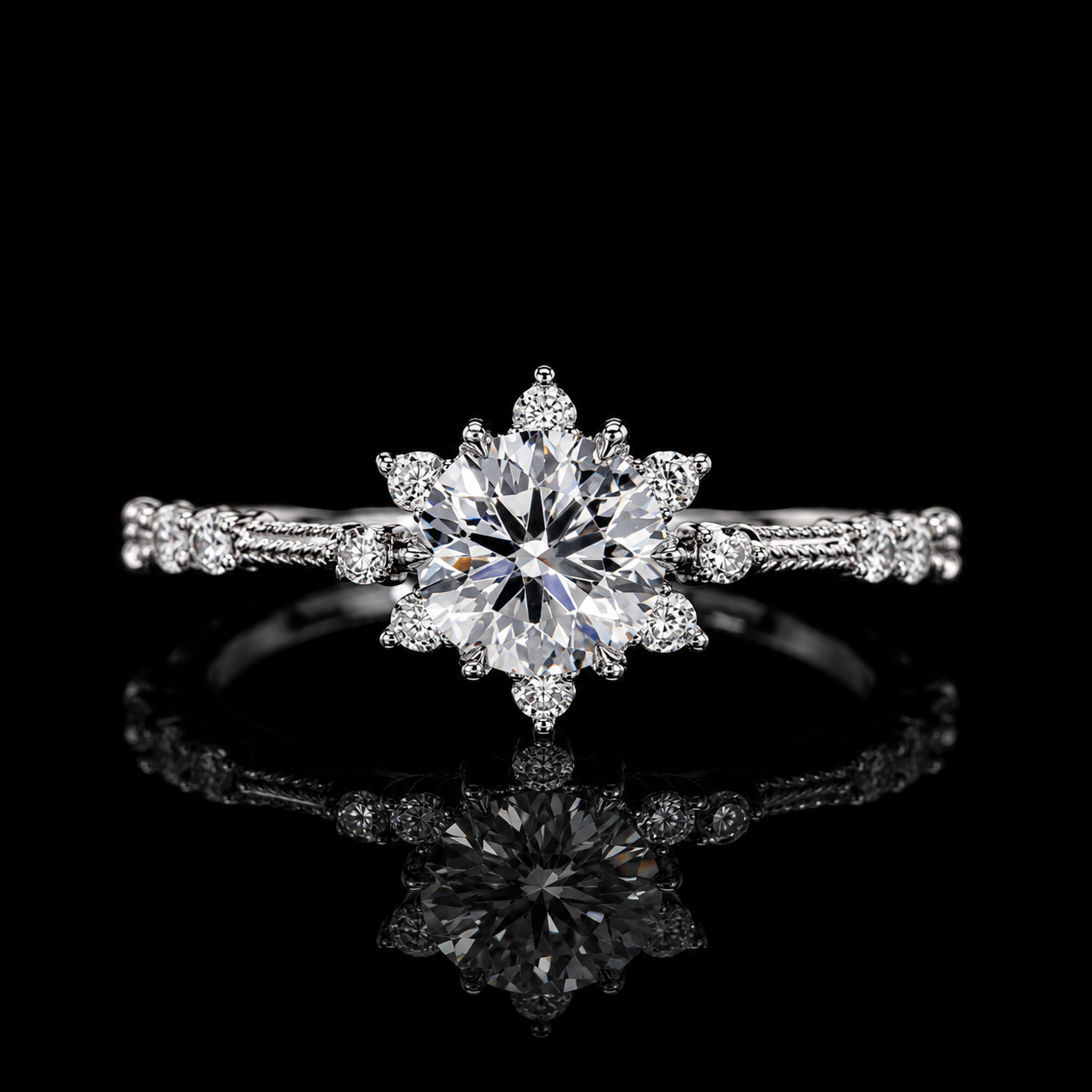 2.00 Ct In Loving Memory Round Cut Floral Halo Pavé Ring in 14K White Gold Black Jack
