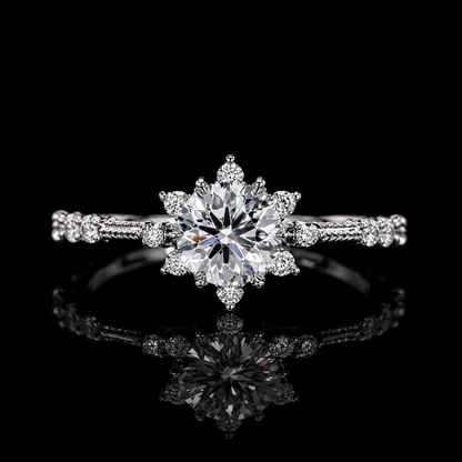 2.00 Ct In Loving Memory Round Cut Floral Halo Pavé Ring in 14K White Gold Black Jack