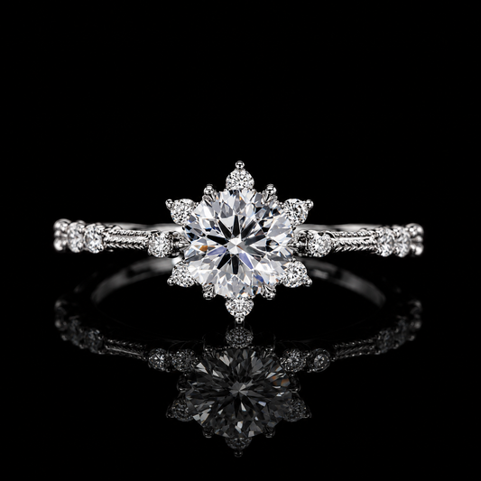 2.00 Ct In Loving Memory Round Cut Floral Halo Pavé Ring in 14K White Gold Black Jack