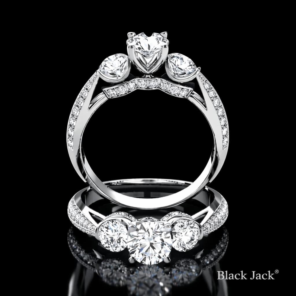 1.90 Carat Round Cut Moissanite Three Stone Pavé Engagement Ring in 925 Sterling Silver