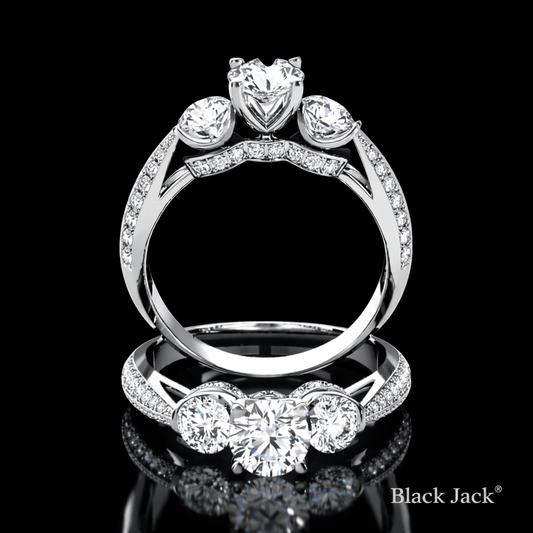 1.90 Carat Round Cut Moissanite Three Stone Pavé Engagement Ring in 925 Sterling Silver