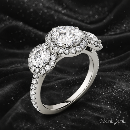 8.20 Carat Lab-Grown Diamond Three Stone Halo Engagement Ring Round Cut in 14K White Gold