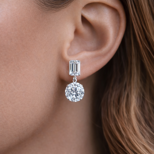 5.00 Carat Emerald & Round Cut Moissanite Drop Earrings in 925 Sterling Silver