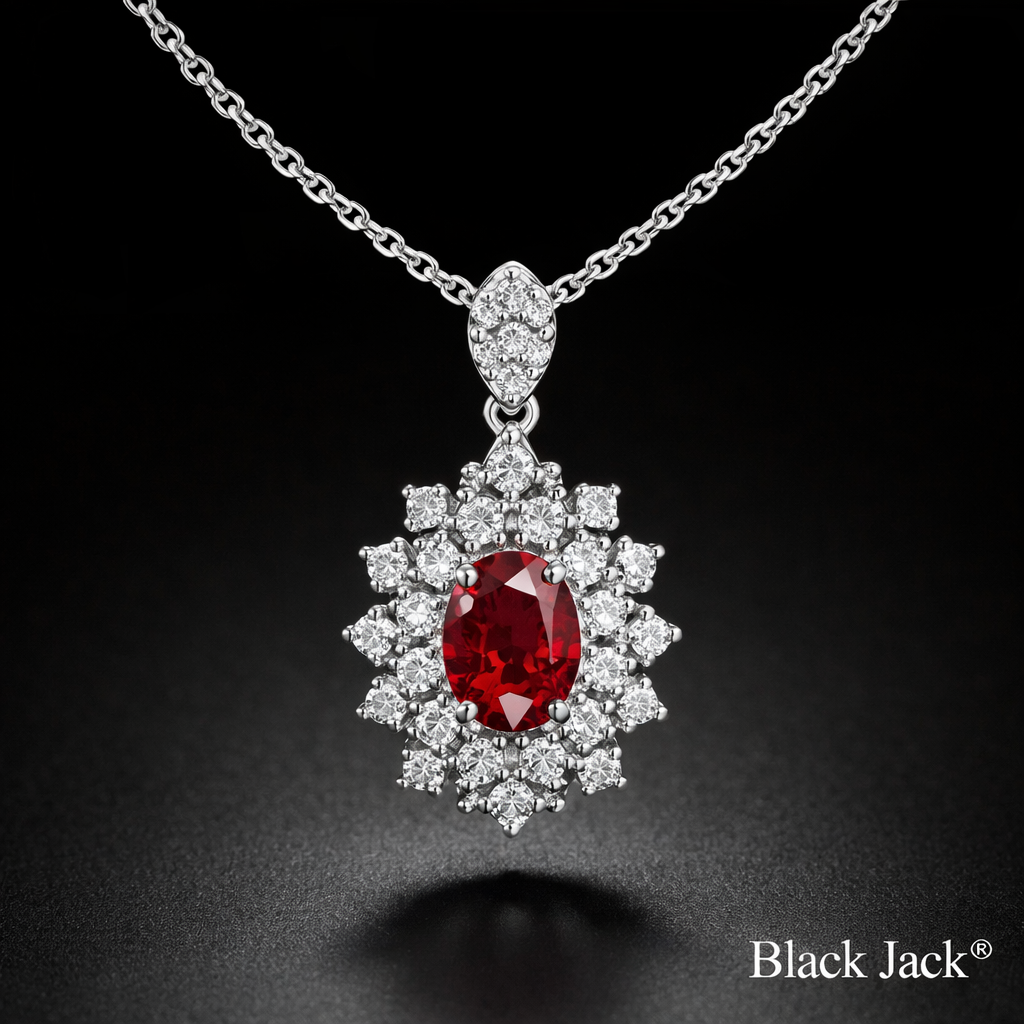 1.60 Carat Oval Cut Ruby & Moissanite Cluster Halo Pendant in 925 Sterling Silver