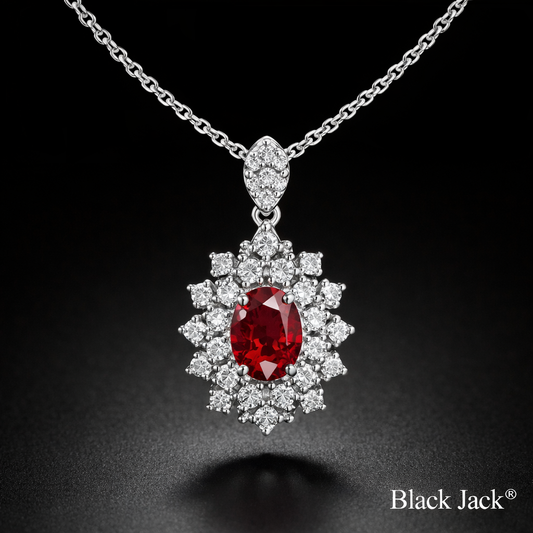 1.60 Carat Oval Cut Ruby & Moissanite Cluster Halo Pendant in 925 Sterling Silver