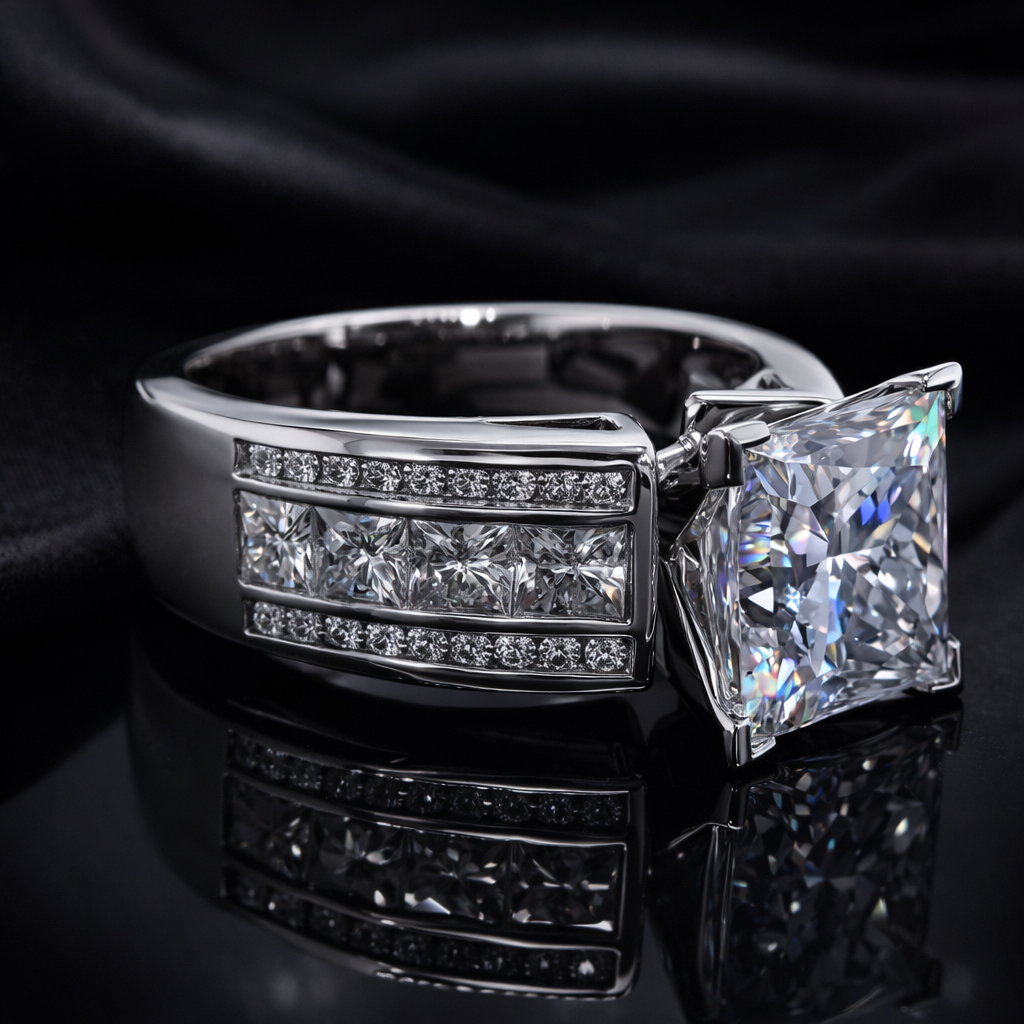 Diamond Princess Cut Triple Row memorial jewelry engagement Ring