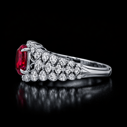 2.30 Carat Oval Cut Ruby & Moissanite Multi-Row Cluster Engagement Ring in 925 Sterling Silver