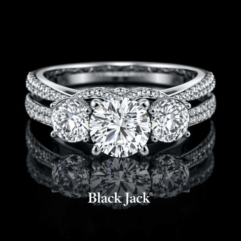 3.10 Carat Round Cut Moissanite Three Stone Micro Pavé Engagement Ring in 925 Sterling Silver
