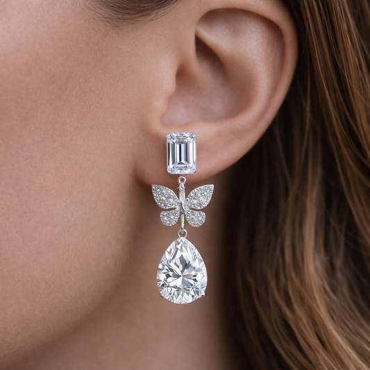 8.00 Carat Emerald & Pear Cut Moissanite Butterfly Drop Earrings in 925 Sterling Silver
