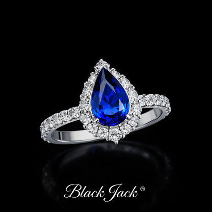 4.90 Carat Total Pear Cut Royal Blue Lab-Grown Sapphire Halo Ring with Moissanite in 925 Sterling Silver