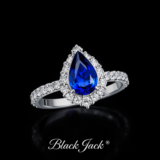 3.90 Ct Pear Cut Blue Sapphire Halo Ring with Moissanite – 14K Gold Plated Sterling Silver Black Jack®