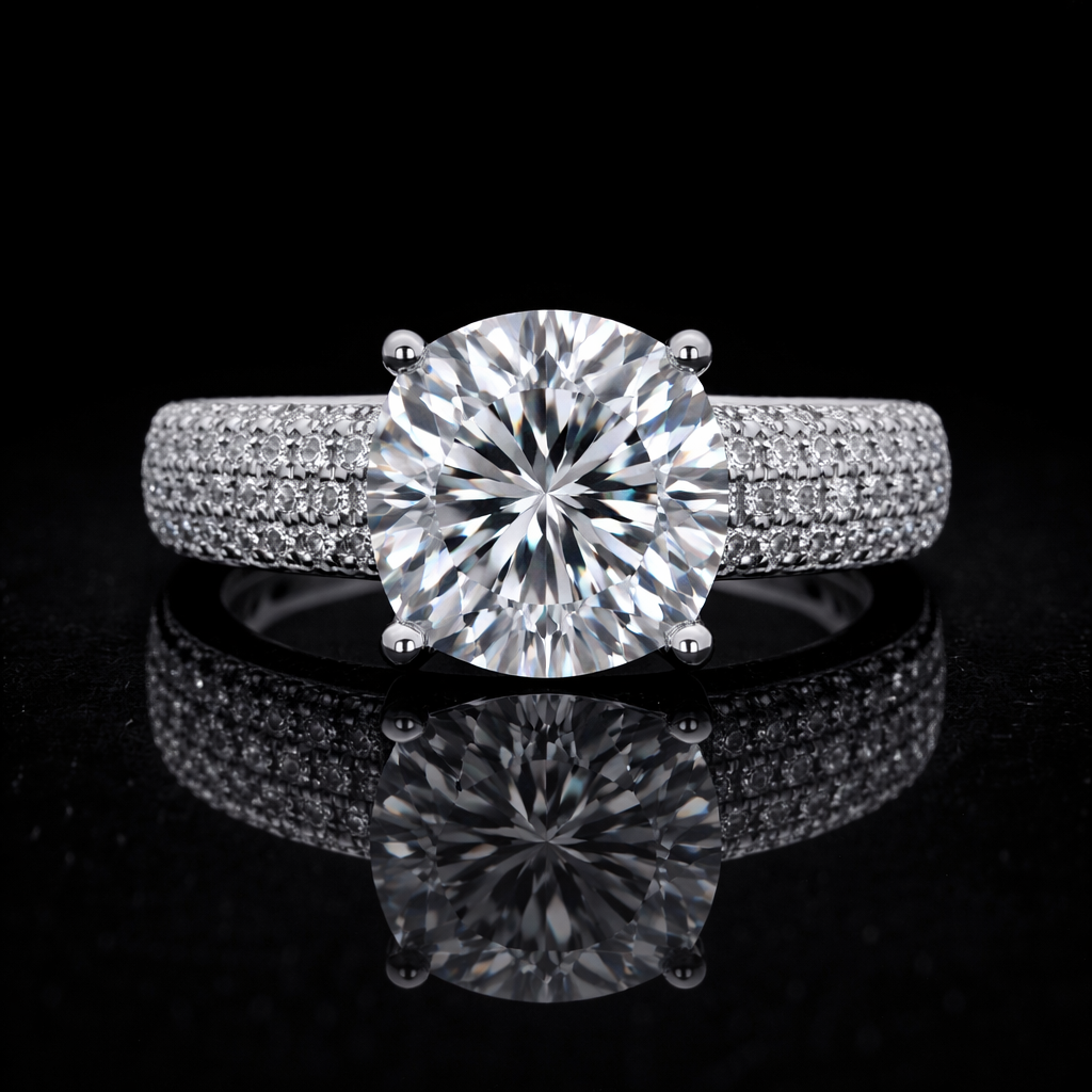 4.20 Carat Round Cut Moissanite Micro Pavé Solitaire Engagement Ring in 925 Sterling Silver