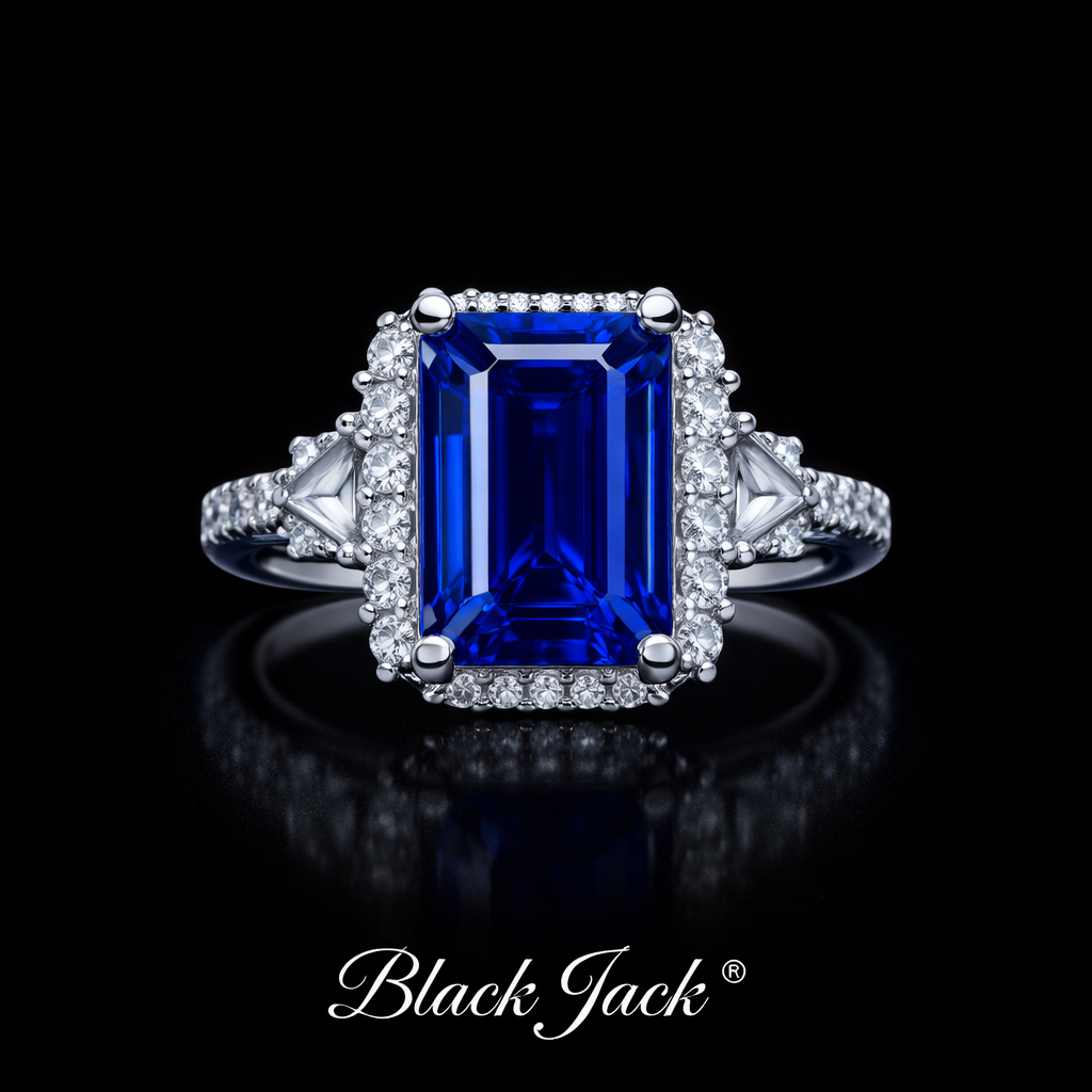 5.20 Carat Total Emerald Cut Royal Blue Lab-Grown Sapphire Halo Ring in 925 Sterling Silver
