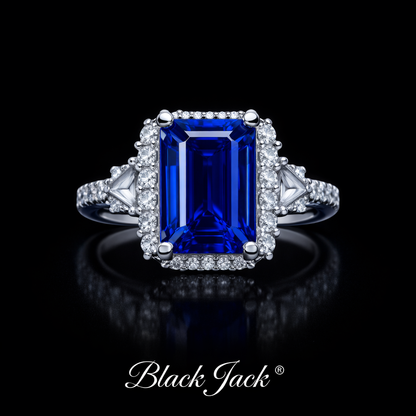 5.20 Carat Total Emerald Cut Royal Blue Lab-Grown Sapphire Halo Ring in 925 Sterling Silver
