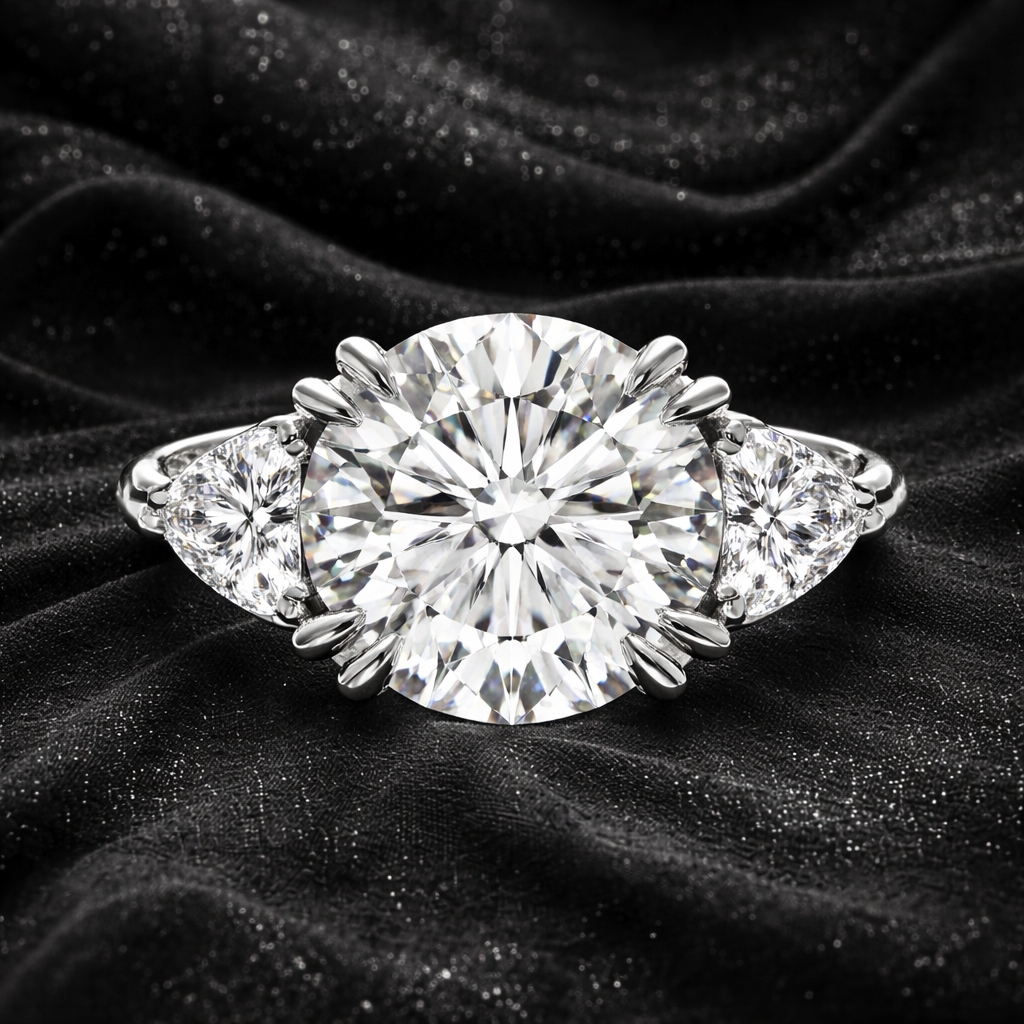 9.80 Carat Lab-Grown Diamond Three Stone Engagement Ring – Round Cut in 14K White Gold