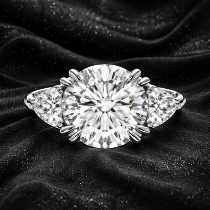 9.80 Carat Lab-Grown Diamond Three Stone Engagement Ring – Round Cut in 14K White Gold