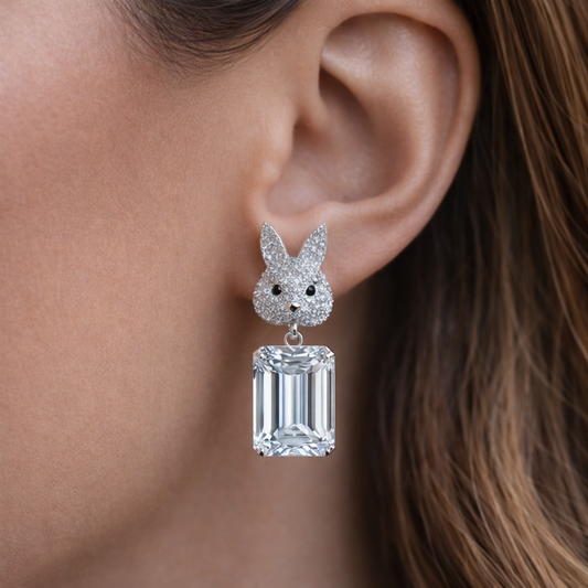 5.00 Carat Emerald Cut Moissanite Bunny Drop Earrings in 925 Sterling Silver