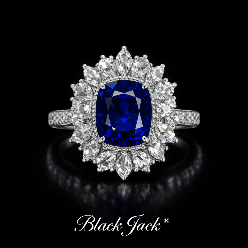 2.80 Carat Total Cushion Cut Royal Blue Lab-Grown Sapphire Halo Ring with Moissanite in 925 Sterling Silver