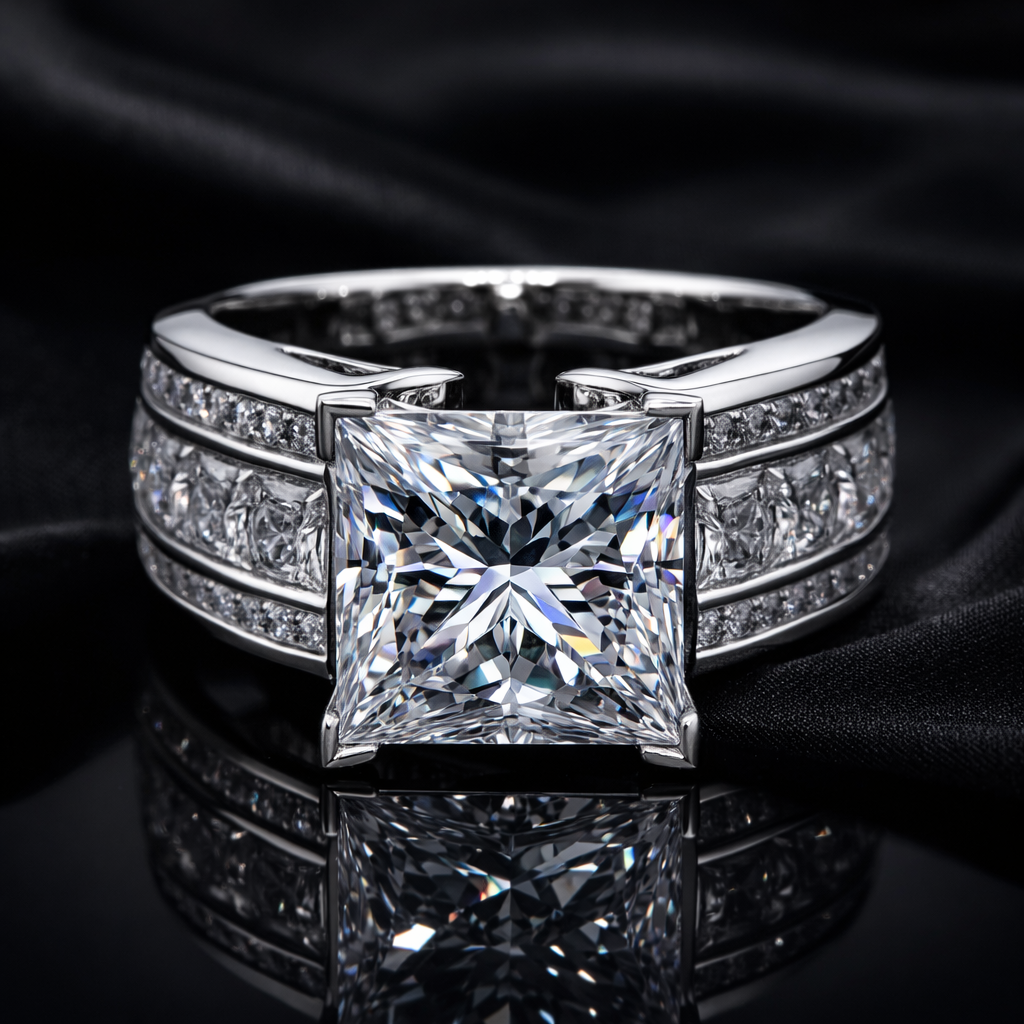 Diamond Princess Cut Triple Row memorial jewelry engagement Ring