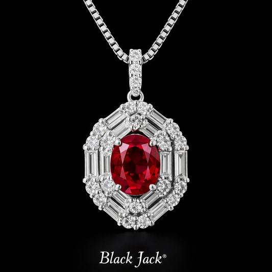1.80 Carat Oval Cut Ruby & Moissanite Geometric Halo Pendant in 925 Sterling Silver